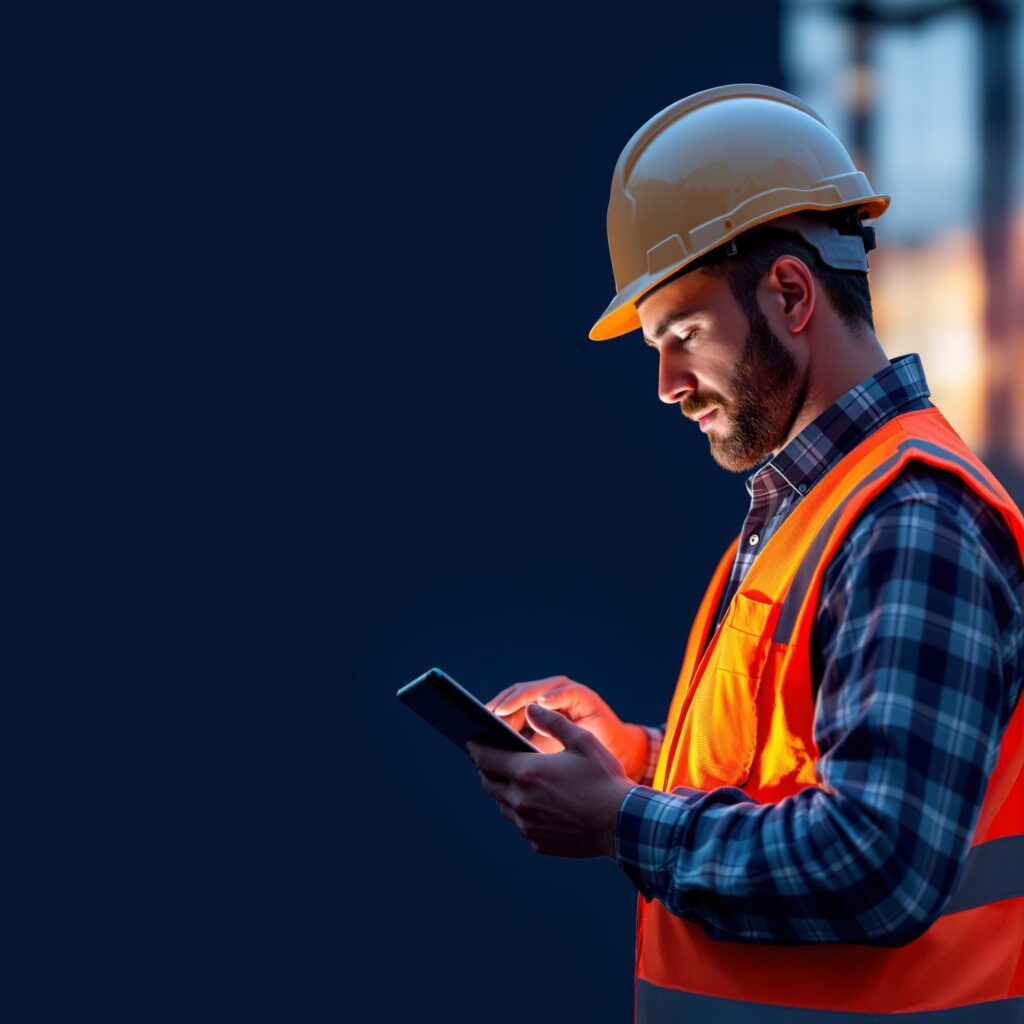 Australian construction worker in a hi-vis vest and hard hat reviewing a digital SWMS on a tablet on site